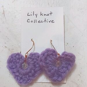 Purple Wool Crochet Hook Earrings, Glass Beads, Silver Plated, 2in Handmade